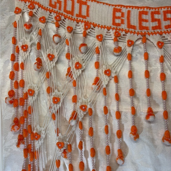 Vintage Orange and White 'God Bless You' Tapestry - Picture 2 of 6